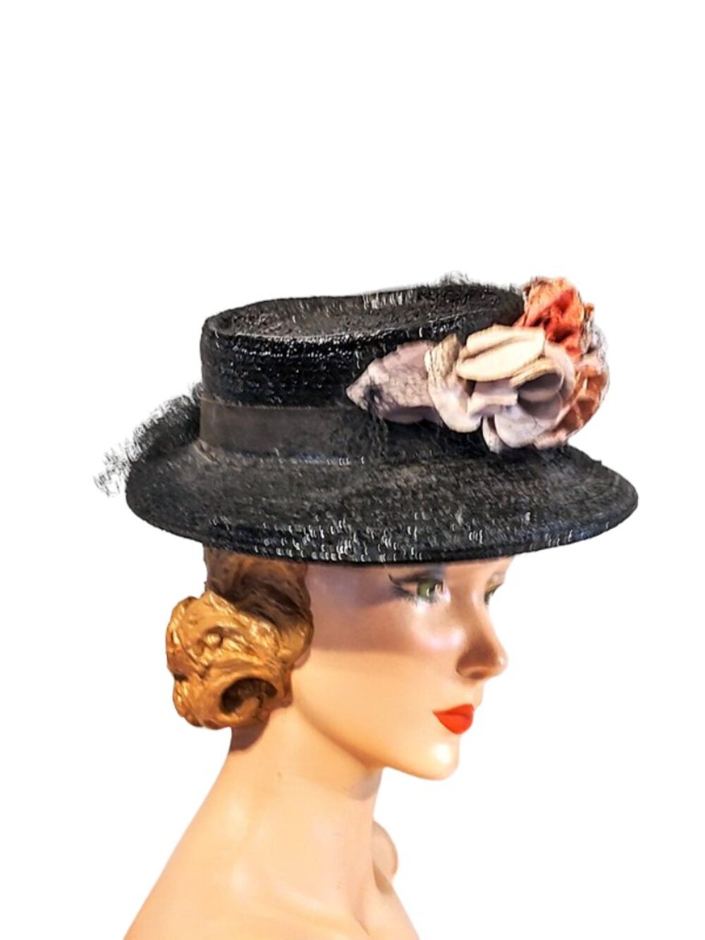 1940s True Vintage Black Straw Wide Brimmed Tilt Hat With Large Roses Back Band - Picture 4 of 6